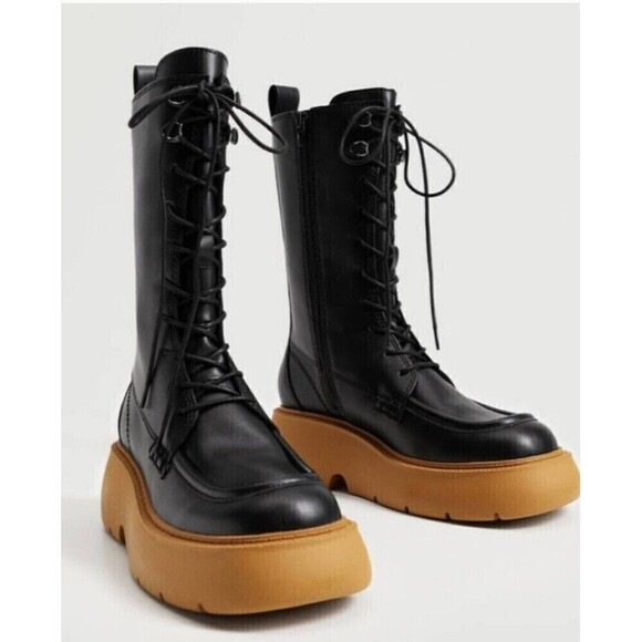 Mango Charles Boots MNG Size 9.5 US EUR 41 Lace-up Leather Black Tall Chunky - Picture 1 of 10